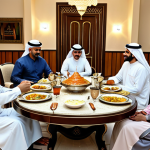 **

"A Kuwaiti family enjoying a traditional meal of Machboos in a spacious, elegantly decorated home. The scene is warm and inviting, showcasing comfortable furniture and stylish décor with Arabic influences. Everyone is fully clothed in modest, traditional Kuwaiti attire. Focus on the rich details of the food and the welcoming atmosphere. Safe for work, appropriate content, family-friendly, professional, perfect anatomy, natural proportions, high quality."

**