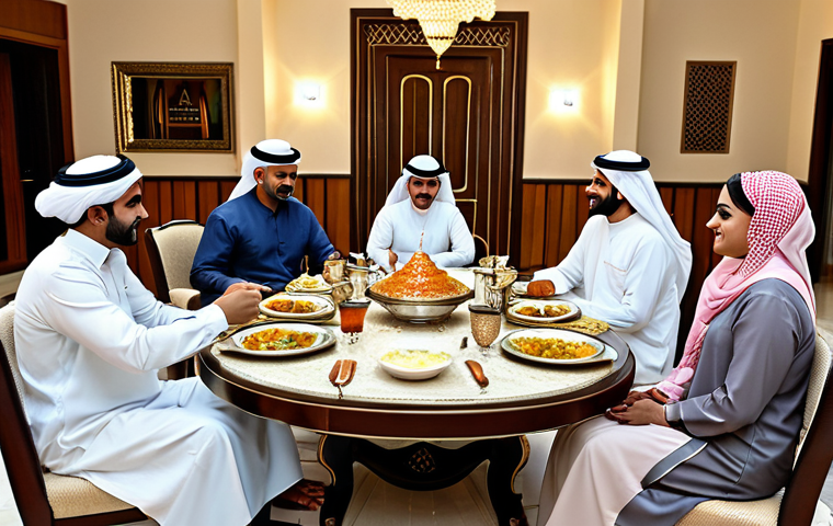 **
"A Kuwaiti family enjoying a traditional meal of Machboos in a spacious, elegantly decorated home. The scene is warm and inviting, showcasing comfortable furniture and stylish décor with Arabic influences. Everyone is fully clothed in modest, traditional Kuwaiti attire. Focus on the rich details of the food and the welcoming atmosphere. Safe for work, appropriate content, family-friendly, professional, perfect anatomy, natural proportions, high quality."
**