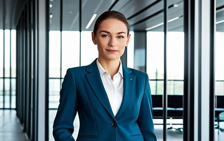 Business & Modernity**
"A professional businesswoman in a modest tailored business suit, standing confidently in a modern office lobby with glass walls and sleek furniture, fully clothed, appropriate attire, safe for work, perfect anatomy, natural proportions, professional corporate photography, high quality, bright lighting."
**