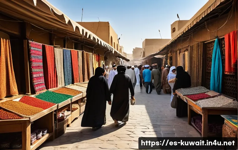 쿠웨이트 유네스코 문화유산 - **Prompt:** "A vibrant and bustling scene inside the historic Souk Al-Mubarakiya in Kuwait. Narrow, ...