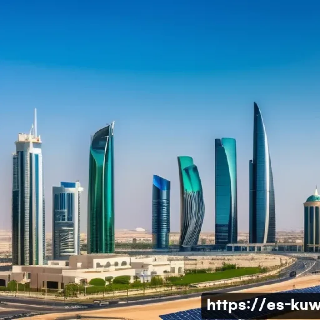 쿠웨이트 정부 정책 분석 - A vibrant modern cityscape of Kuwait showcasing a bustling economic zone with sleek skyscrapers, sol...