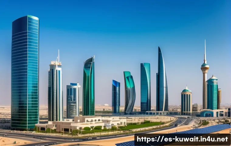 쿠웨이트 정부 정책 분석 - A vibrant modern cityscape of Kuwait showcasing a bustling economic zone with sleek skyscrapers, sol...