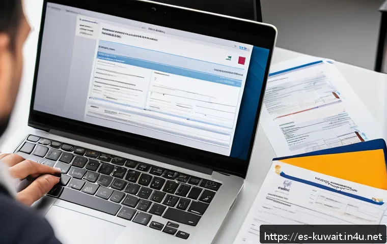 쿠웨이트 비자 발급 절차 - A professional traveler organizing visa documents at a tidy desk with a laptop displaying Kuwait’s o...