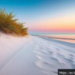 쿠웨이트 해변 관광지 - A serene and secluded Kuwaiti beach at sunrise, featuring pristine white sands and crystal-clear tur...