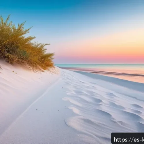 쿠웨이트 해변 관광지 - A serene and secluded Kuwaiti beach at sunrise, featuring pristine white sands and crystal-clear tur...