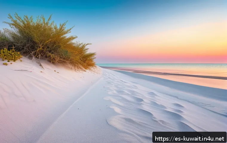 쿠웨이트 해변 관광지 - A serene and secluded Kuwaiti beach at sunrise, featuring pristine white sands and crystal-clear tur...