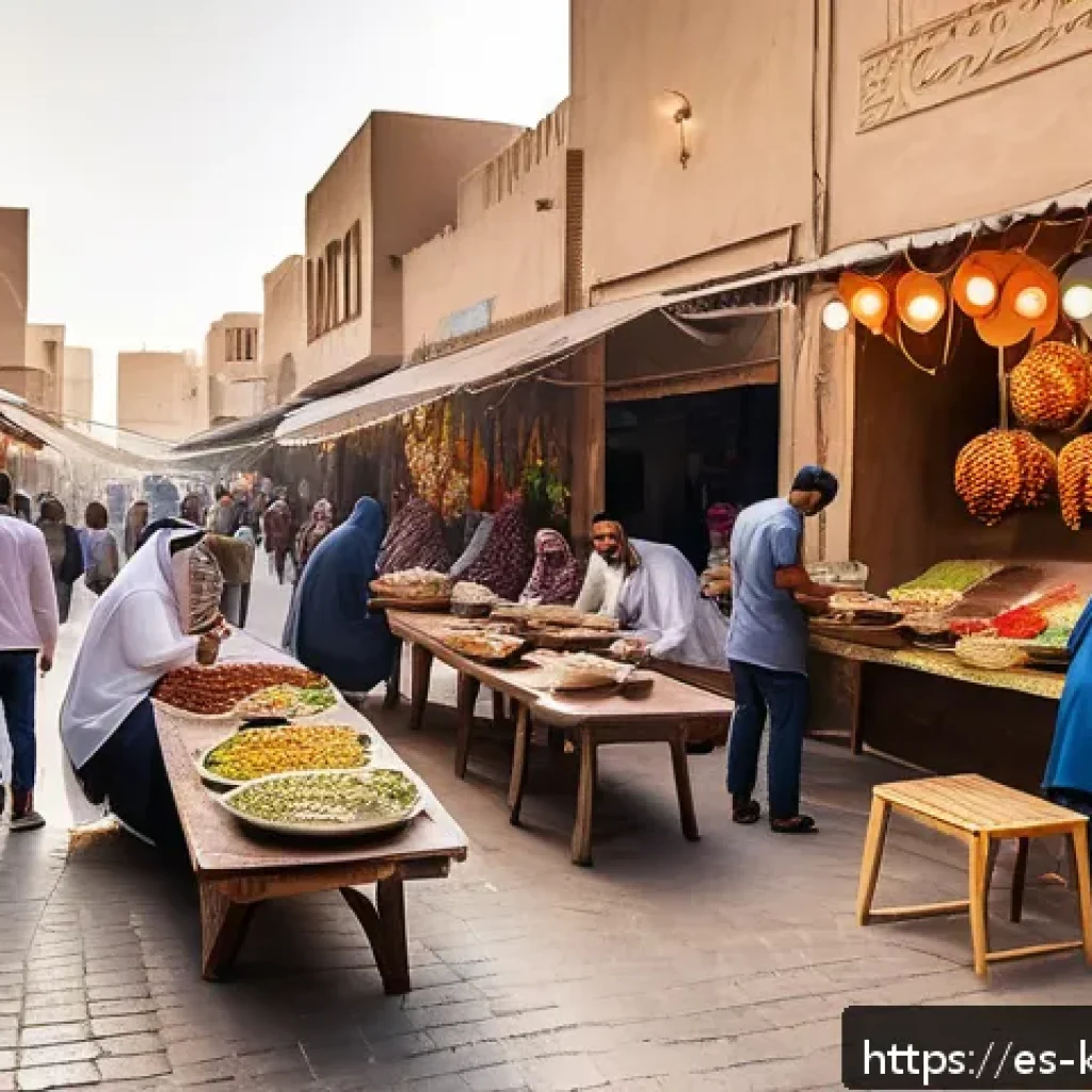 쿠웨이트 여행 경비 계산 - A vibrant street scene in Kuwait featuring a diverse group of people enjoying local street food stal...