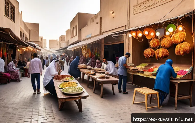 쿠웨이트 여행 경비 계산 - A vibrant street scene in Kuwait featuring a diverse group of people enjoying local street food stal...