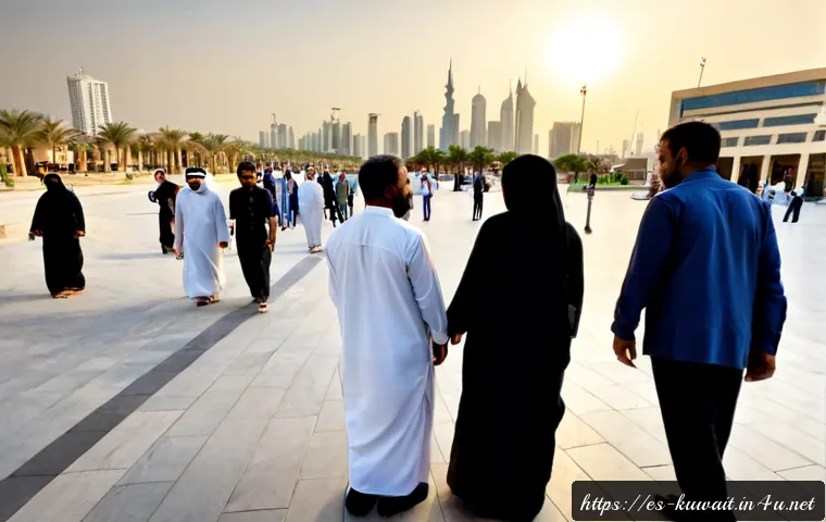 Home 17 쿠웨이트 인구 구성 - Photorealistic wide-angle scene of Kuwait’s diverse population in a modern public plaza, Kuwaiti fam...