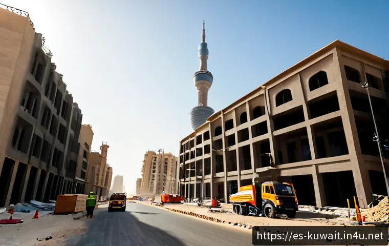 쿠웨이트 전쟁 후 재건 사례 - Photorealistic wide-angle view of postwar Kuwait City reconstruction, modern glass towers rising bes...